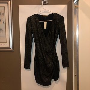 NWT Black Gold Sparkly Wrap Mini Dress